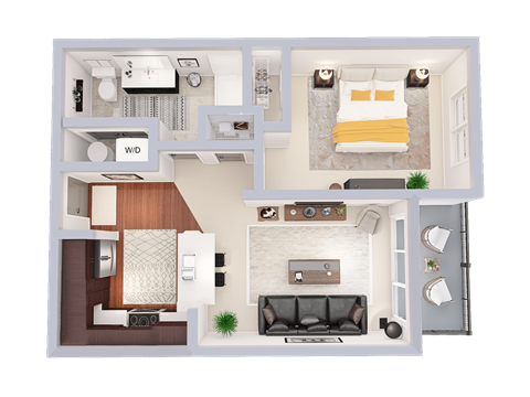 Floor plan for 1 bed, 1 bath, 734 sqft